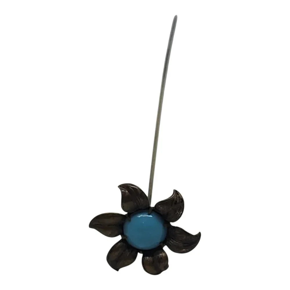 Vintage Long Stem Flower Stick Pin Turquoise Blue Cabochon Hat Lapel Floral
